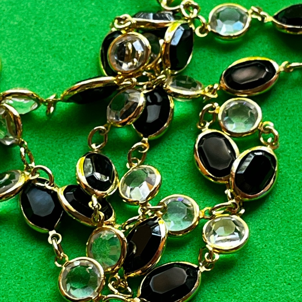 Black Clear Bezel Set Faceted Crystal Glass Chiclet Sautoir Vintage Necklace